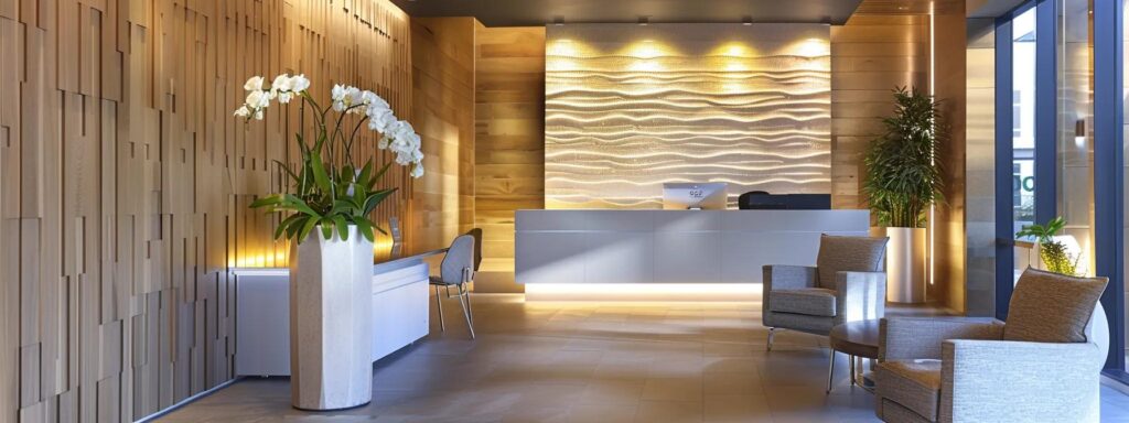 a modern chiropractic office interior, featuring a sleek consultation area where a patient discusses financial options with a chiropractor, illuminated by warm, inviting lighting that highlights a wall adorned with motivational health quotes.