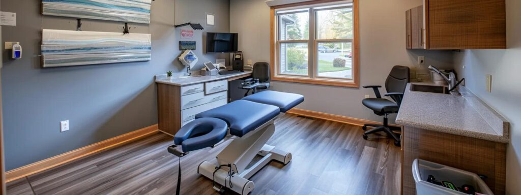 a well-appointed chiropractic clinic in wausau, wi, featuring a sleek treatment room with modern equipment and warm, inviting décor, emphasizing a focus on wellness and recovery.